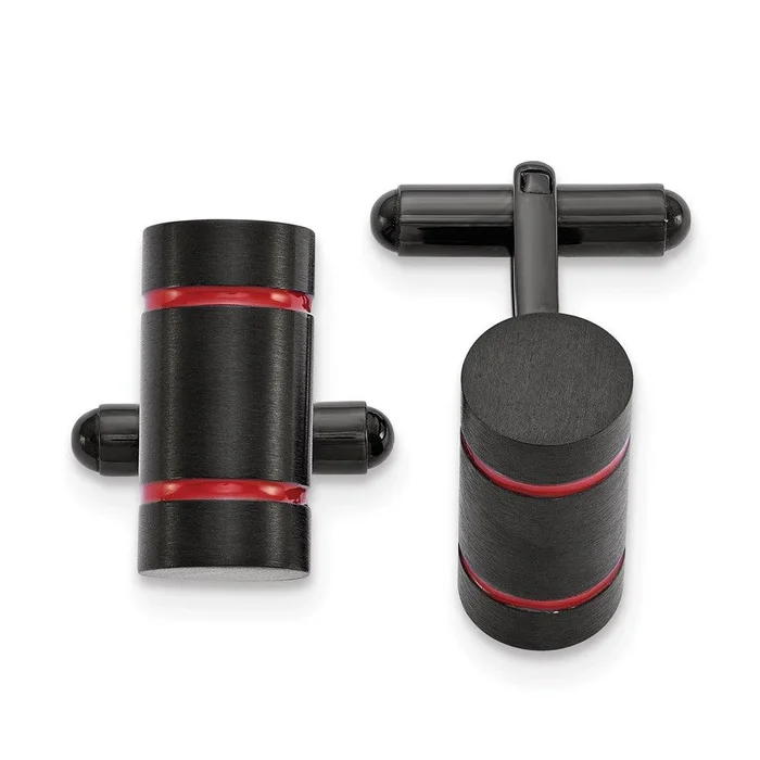 Stainless Steel Brushed & Polished Black IP-plated w/Red Enamel Cuff Links