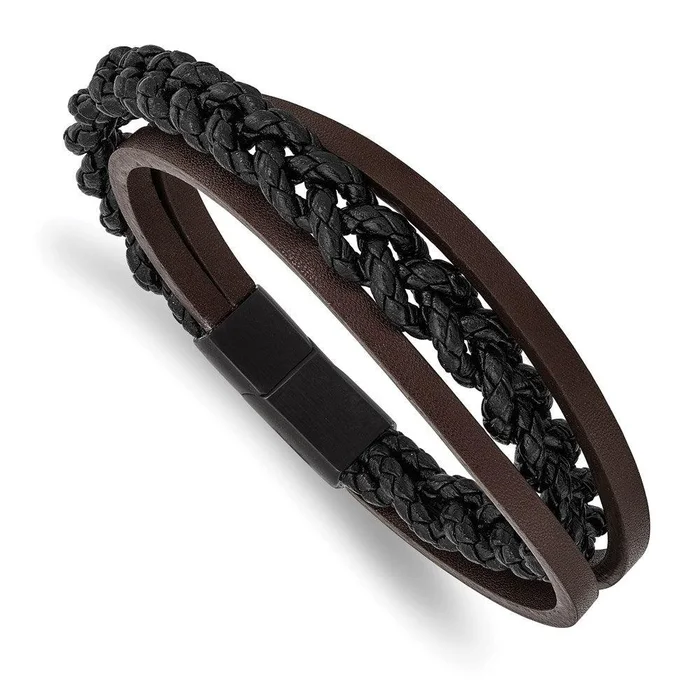 Stainless Steel Brushed Black IP Multi Strand Black/Brown Leather Bracelet