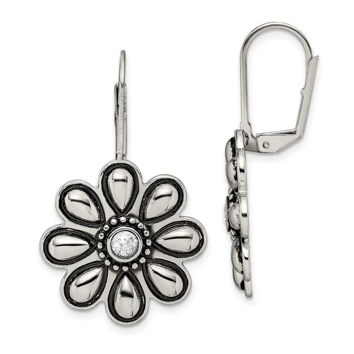 Stainless Steel Polished/Antiqued CZ Flower Leverback Earrings