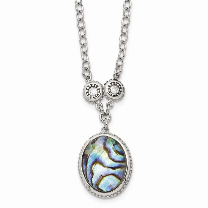 Stainless Steel Polished/Antiqued Imitation Abalone/CZw/1.5in ext. Necklac