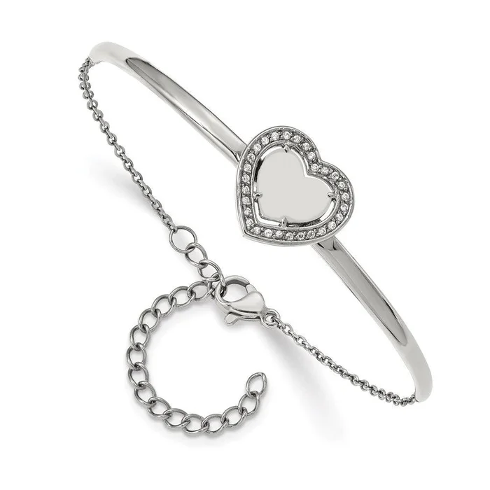 Stainless Steel Polished with CZ Heart 6.5in with 2in ext. Bar Bracelet