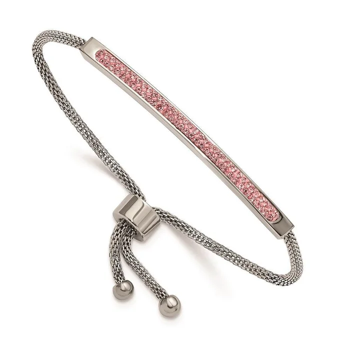 Stainless Steel Polished with Pink Glass Adjustable Bracelet