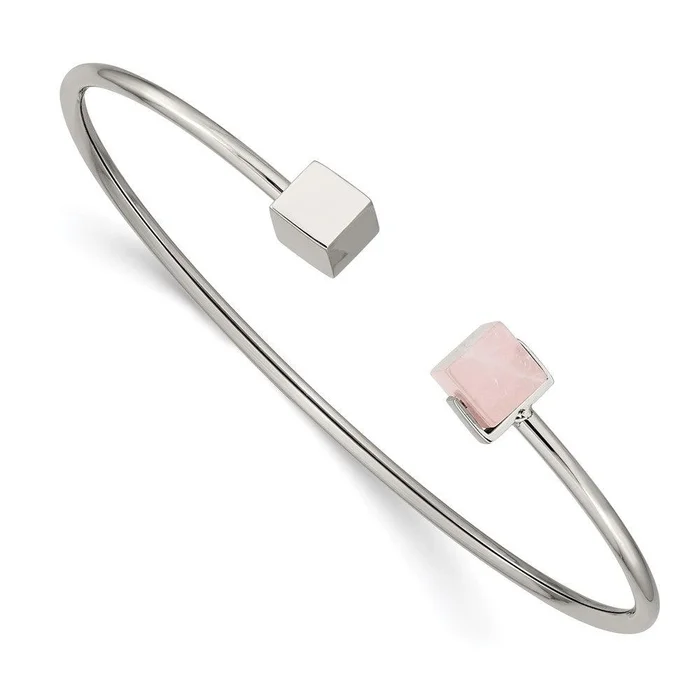 Stainless Steel Polished with Rose Quartz Flexible Bangle