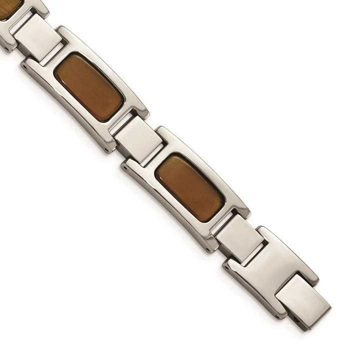 Stainless Steel Polished with Tiger’s Eye 8.5in Bracelet