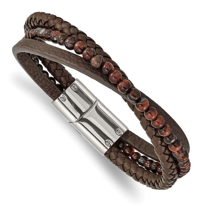Stainless Steel Polished with Tiger’s Eye Brown Leather 8.25in Bracelet