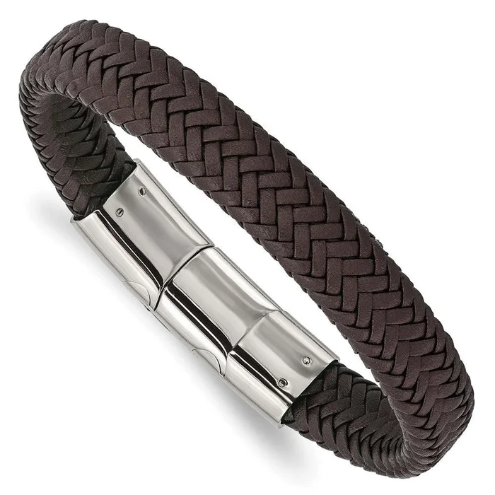 Stainless Steel Polished Woven D.Brown Leather w/.5in ext 8in Bracelet