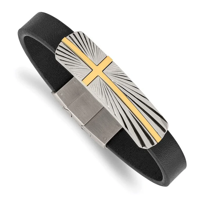 Stainless Steel Polished Yellow IP Cross Black Leather w/.5in ext Bracelet