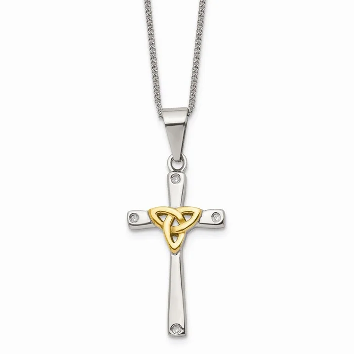 Stainless Steel Polished Yellow IP-plated w/ CZ Cross Necklace
