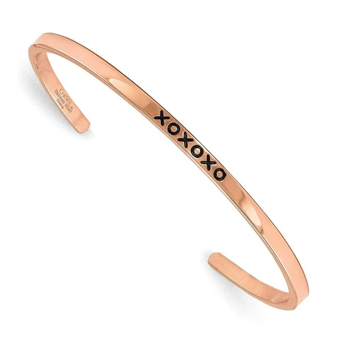 Stainless Steel Rose IP-plated xoxoxo CZ 3mm Cuff Bangle