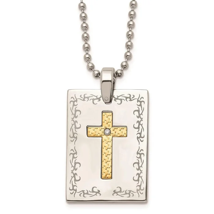 Stainless Steel w/18k Polished Laser Etched Square Cross Diamond Necklace