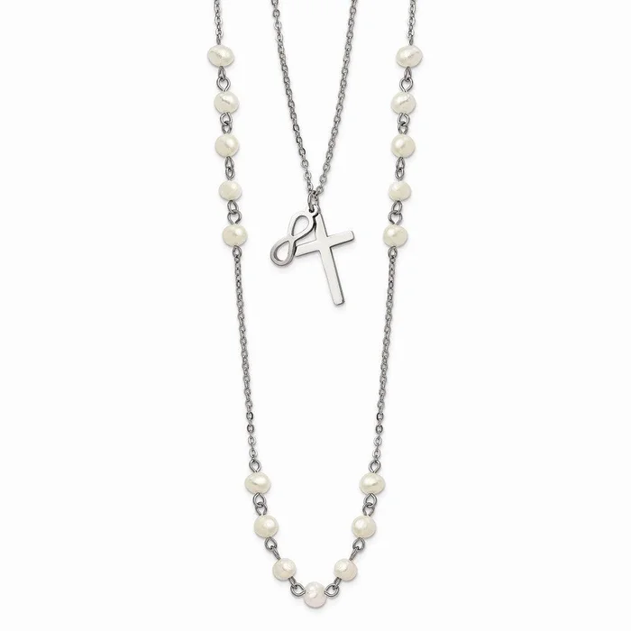 Stainless Steel w/ FWC Pearls Double Strand Infinity Cross Necklace