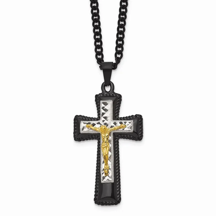 StainlessSteel Black & Yellow IP-plated w/ Silver IP Brass Crucifix Neckla