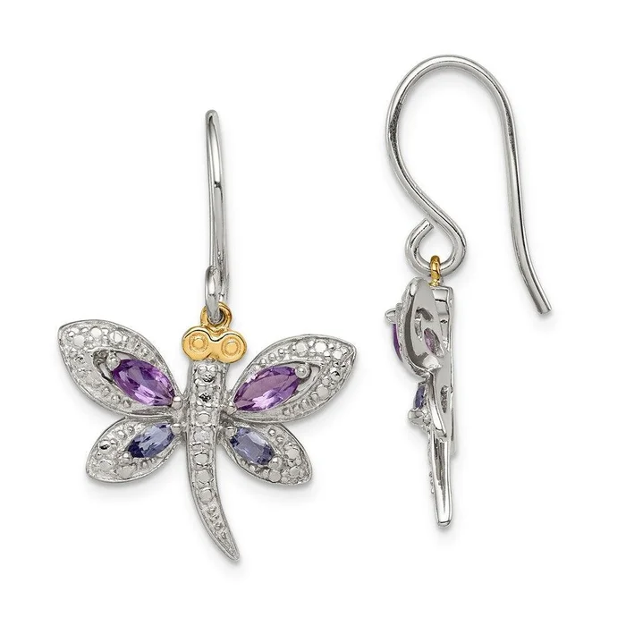 Sterling Silver & 14K Amethyst and Iolite and Diamond Dragonfly Earrings