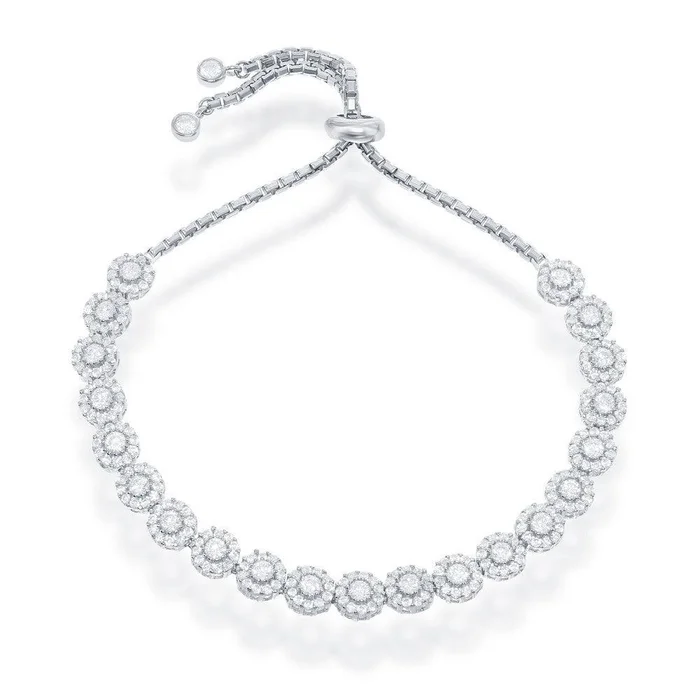 Sterling Silver Adjustable Round CZ Bolo Bracelet