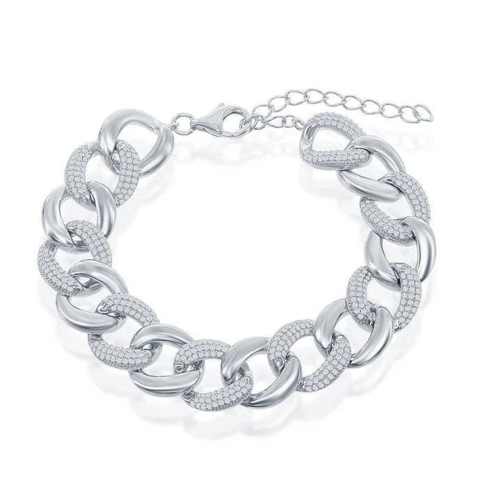 Sterling Silver Alternating Polished & Micro Pave CZ Solid Link Bracelet