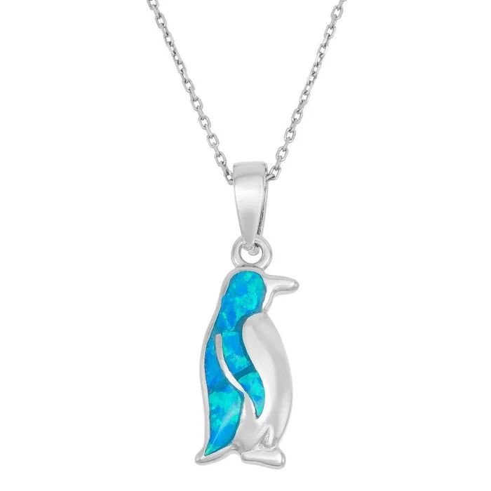 Sterling Silver Blue Inlay Opal Penguin Pendant