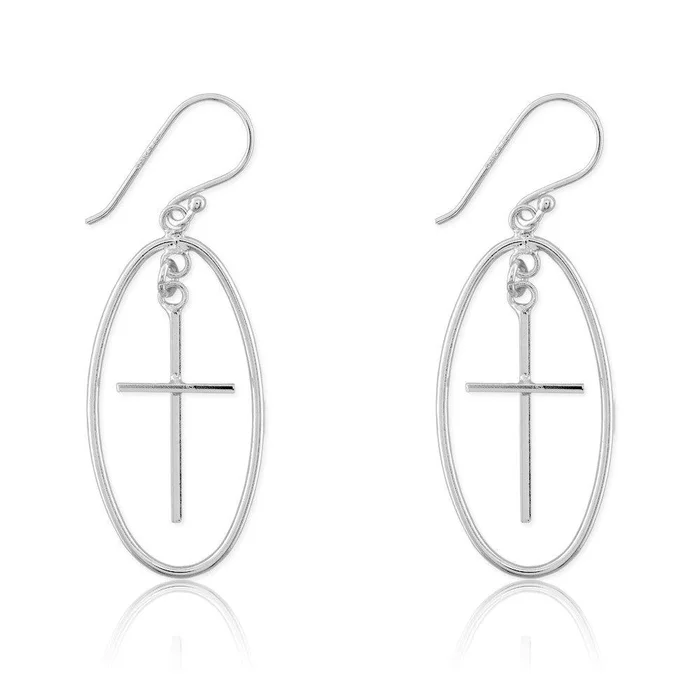 Sterling Silver Large Open Oval with Cross Earrings