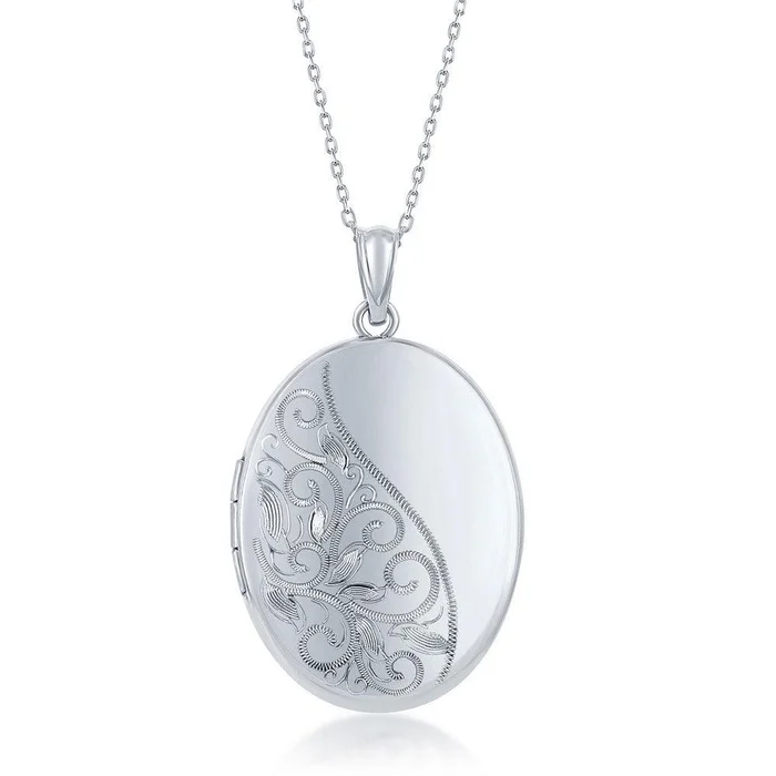 Sterling Silver Oval Half Designed Shiny Locket