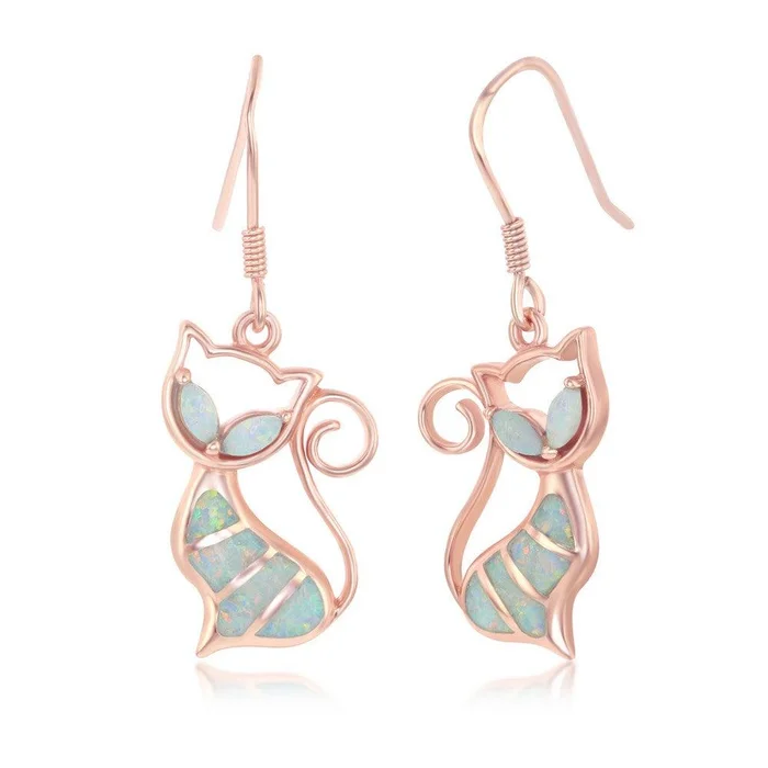 Sterling Silver Rose Gold Plated White Inlay Opal Cat Earrings