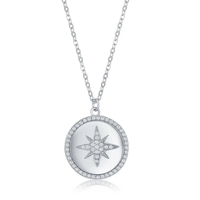 Sterling Silver Starburst Micro Pave CZ Disc Necklace