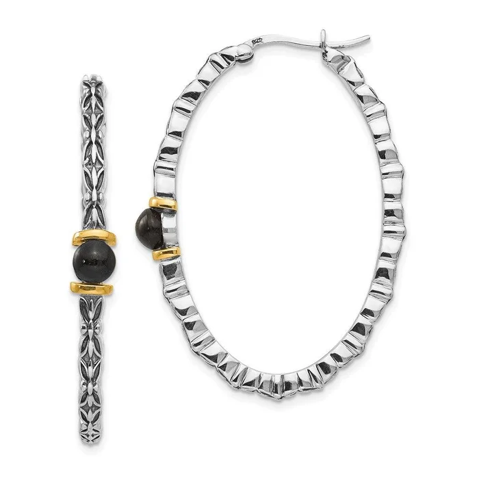 Sterling Silver w/14k 4.5mm Button Onyx Oval Hoop Earrings