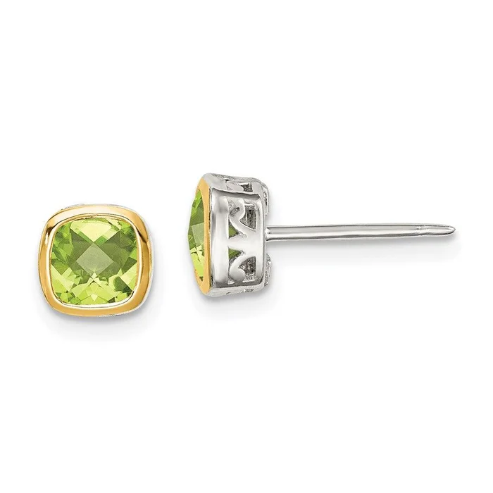 Sterling Silver w/ 14K Accent Peridot Square Stud Earrings