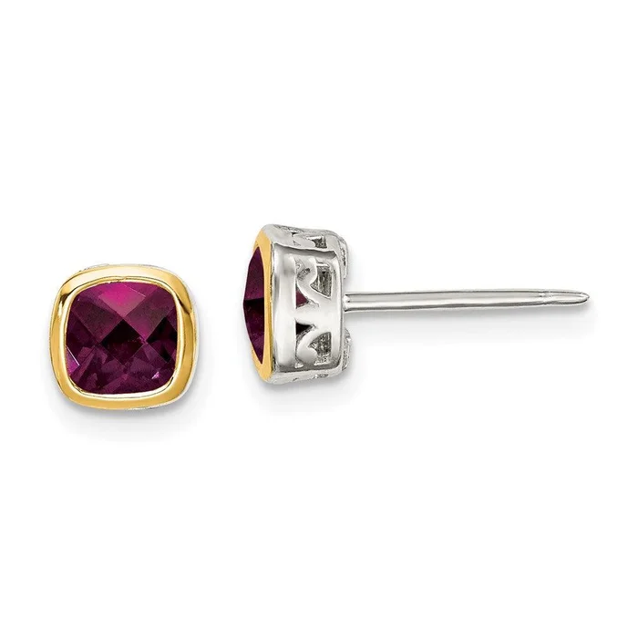 Sterling Silver w/ 14K Accent Rhodolite Garnet Square Stud Earrings
