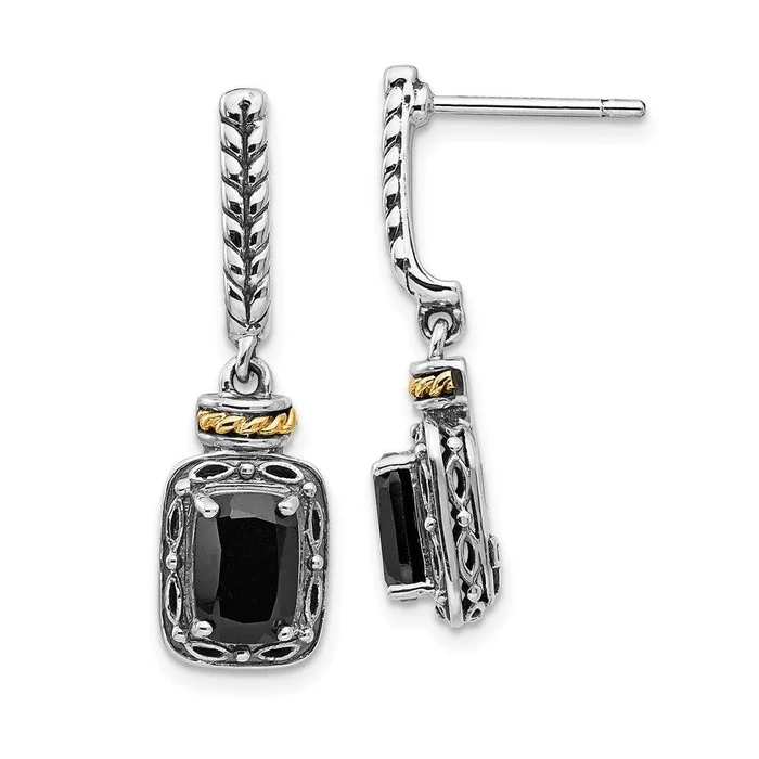 Sterling Silver w/14k Antiqued Onyx Post Dangle Earrings