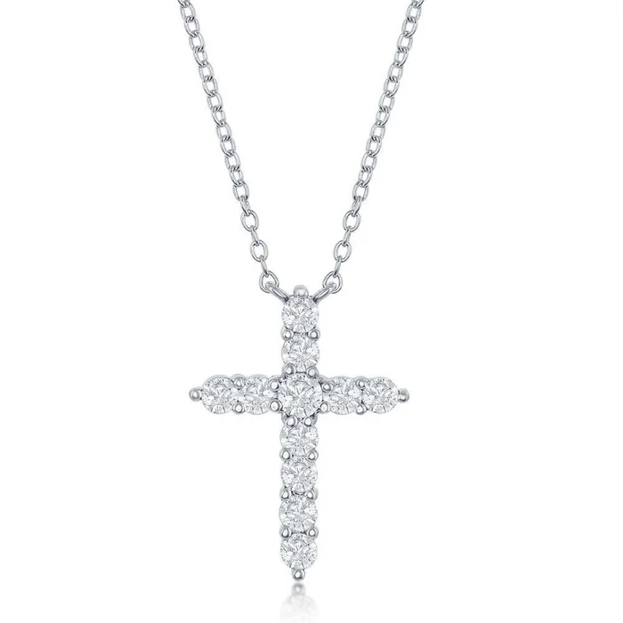 Sterling Silver White CZ April Birthstone Cross Necklace
