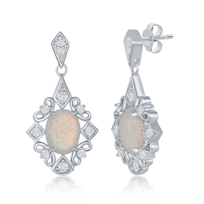 Sterling Silver White Diamond Oval Stone Earrings