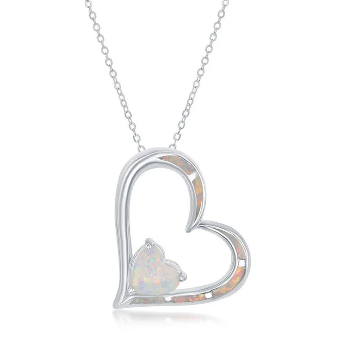 Sterling Silver White Inlay Double Heart Pendant