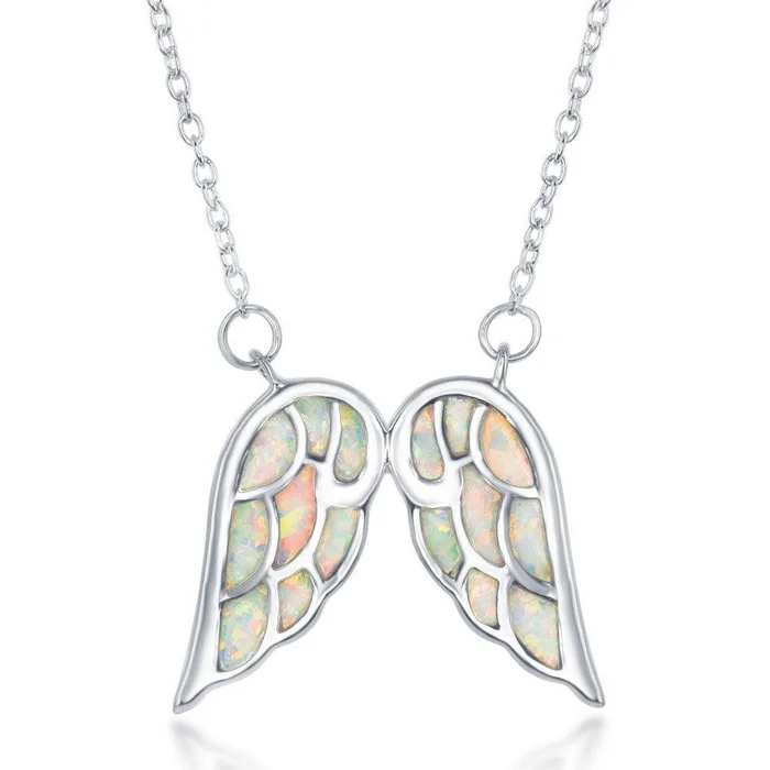 Sterling Silver White Inlay Opal Angel Wings Necklace