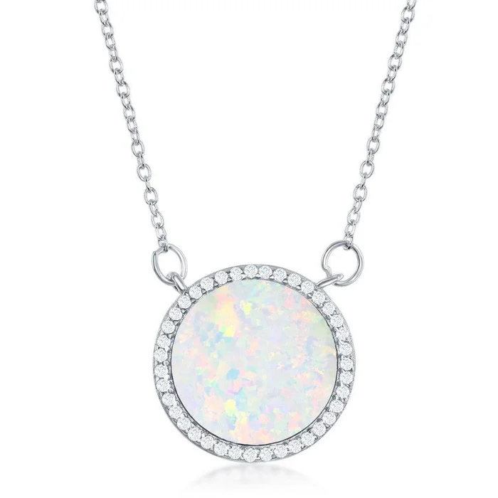Sterling Silver White Inlay Opal Circle with CZ Border Necklace