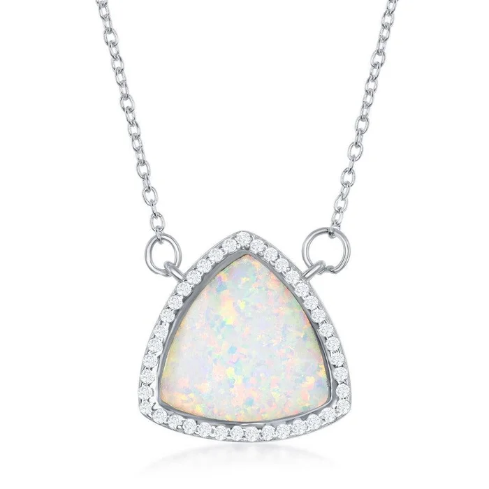 Sterling Silver White Inlay Opal Triangle with CZ Border Necklace