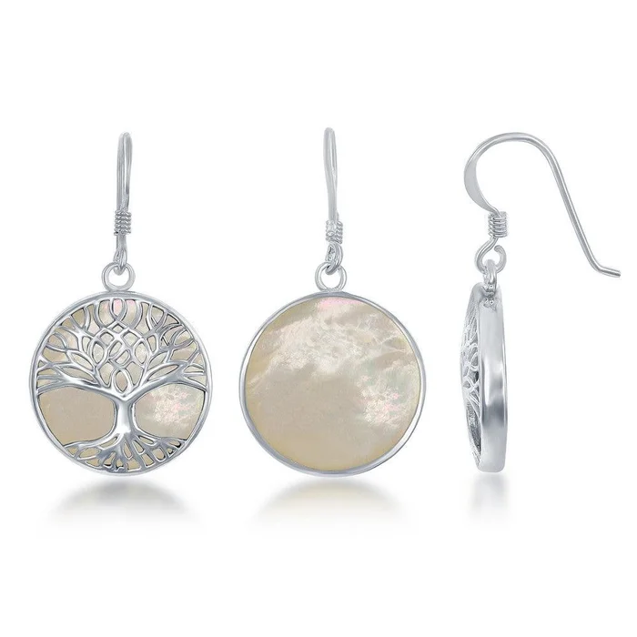 Sterling Silver White MOP and Tree of Life Earrings