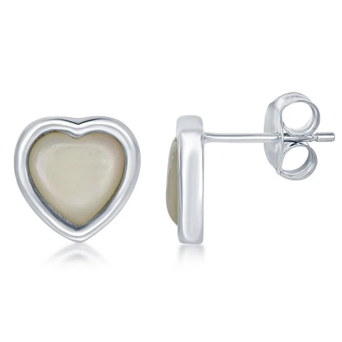 Sterling Silver White MOP Heart Stud Earrings
