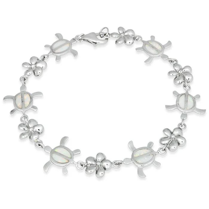 Sterling Silver White Opal Flower and Tortoise Link Bracelet