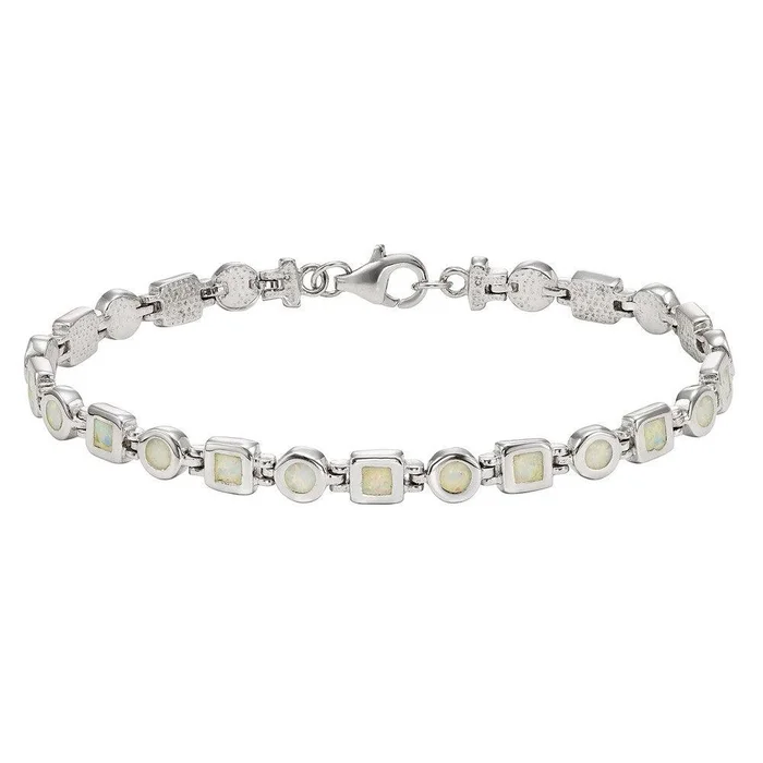 Sterling Silver White Opal Squares and Circles Link Bracelet, 7″