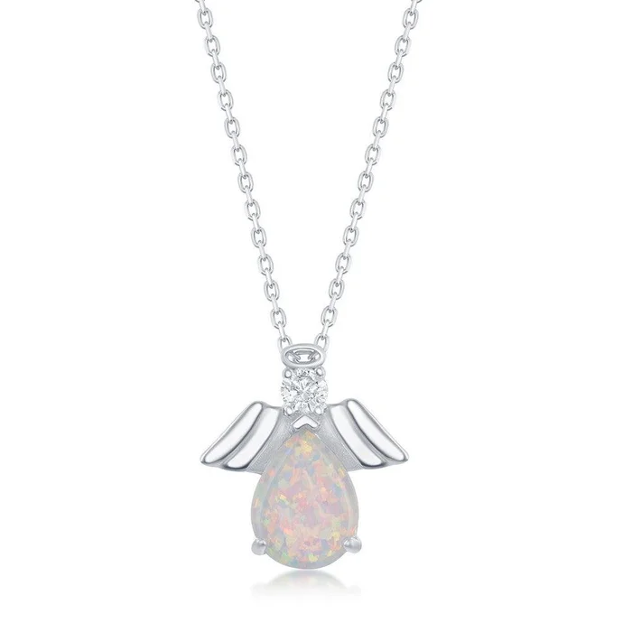 Sterling Silver White Opal with CZ Angel Pendant