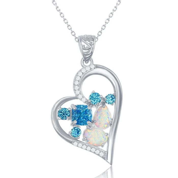 Sterling Silver White Opal with CZ Heart Pendant