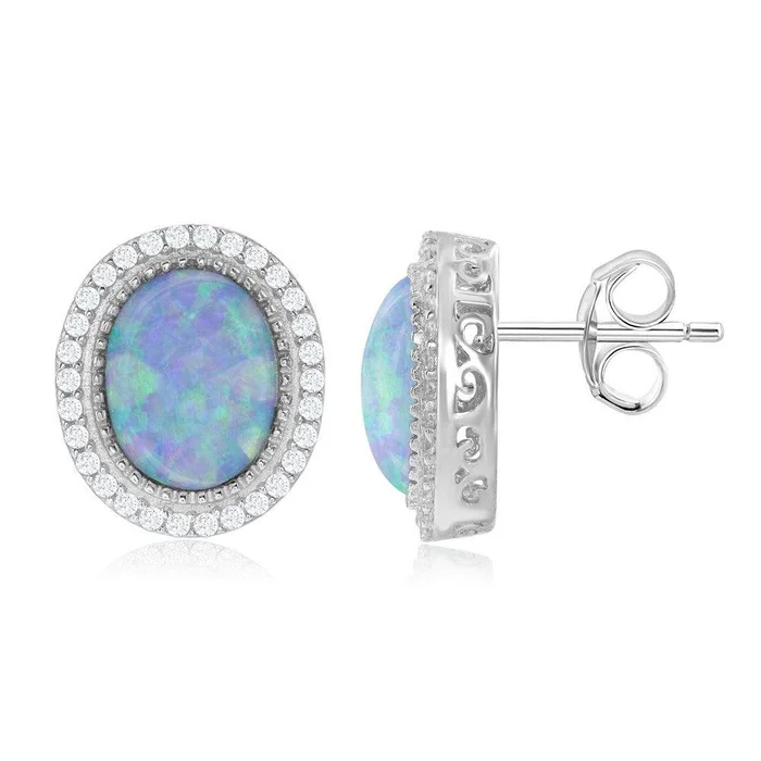 Sterling Silver White Oval Opal CZ Border Earrings