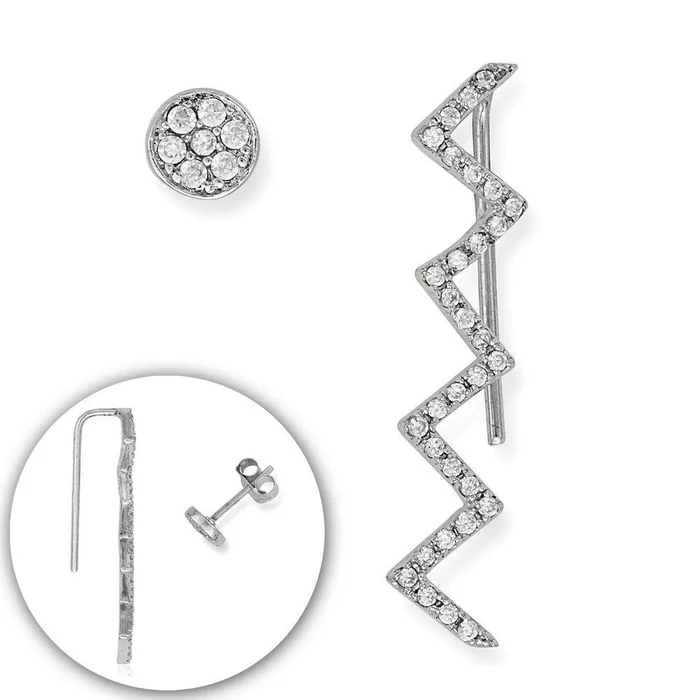 Sterling Silver Zig Zag CZ Climber Stud Earrings
