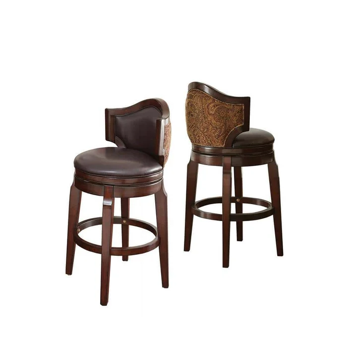 Steve Silver Jasper Bar Chair 42 in. Solid Wood with Curved Back in Black Faux Leather with Paisley Accent Fabric – Set of 2