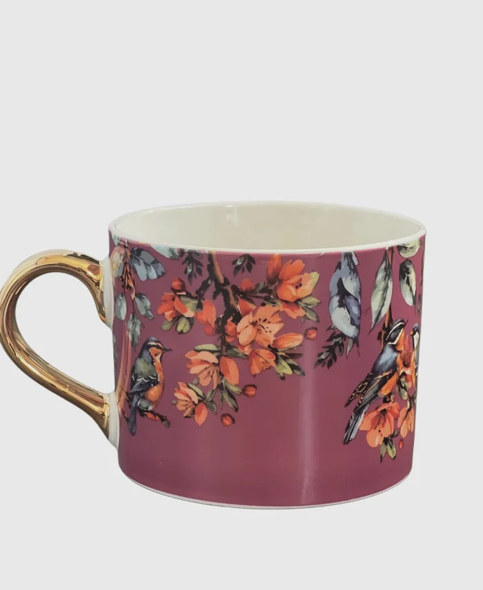 Straight Sided Mug with Gold Handle – Garden Blooms Plum