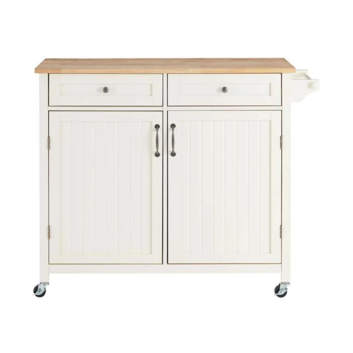 StyleWell Bainport Ivory with Butcher Block Top Wooden Rolling Kitchen Cart and Double-Drawer Storage (44″ W)