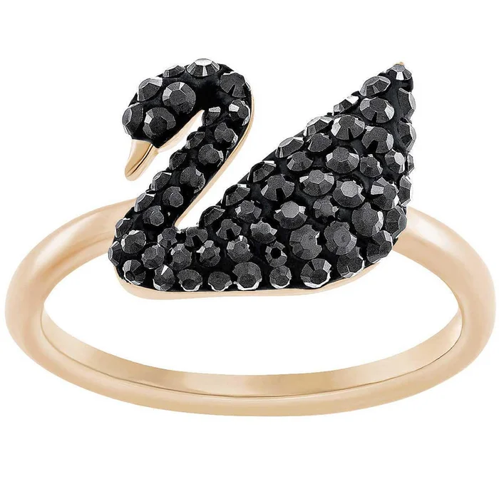 Swarovski Women’s Ring – Iconic Swan Black Crystal Rose Gold, Size 52 | 5366585