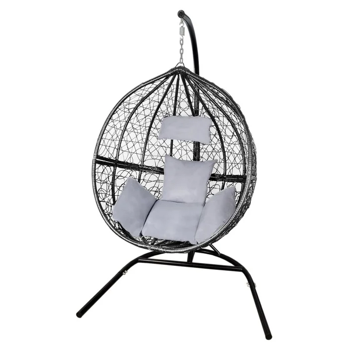 Swing Hanging Egg Chair Rattan Bench Garden Patio Outdoor Indoor Furniture Hammock Basket Seat Black | with Cushions, Waterproof Cover and Stand