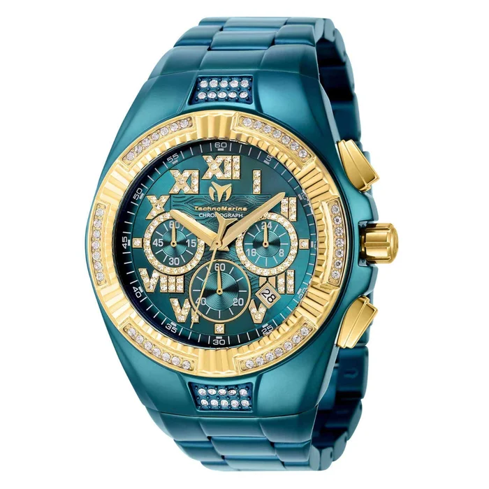 Technomarine Men’s Watch – Cruise Chrono Gold Tone Bezel Green Bracelet | TM-121237