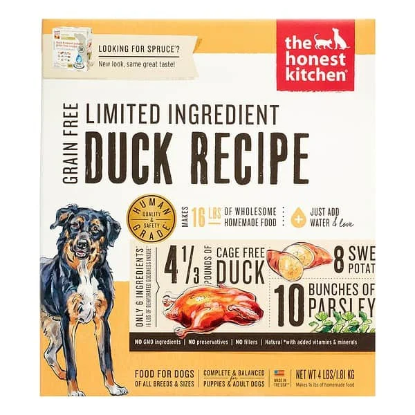 The Honest Kitchen Spruce: Dehydrated Minimalist Limited Ingredient Dog Food, Grain Free Duck & Sweet Potato, 4 lbs (Make 16 lbs)