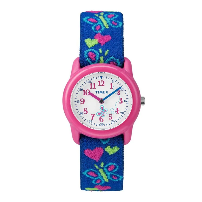Timex Kids Strap Watch – Hearts & Butterflies Elastic Fabric | T89001XY